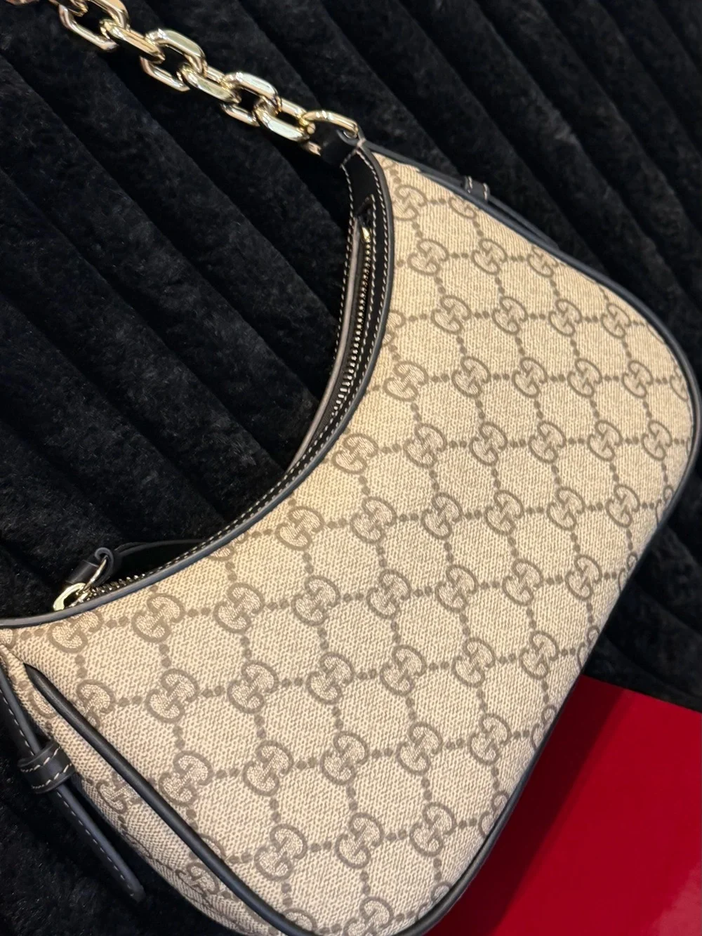 Gucci Beige GG Canvas Shoulder Bag with Gold Chain Trim